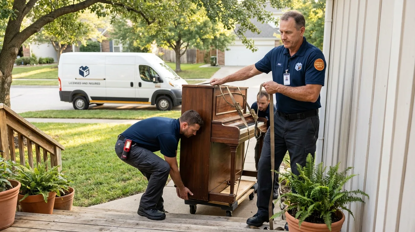 Licensed piano movers securing grand piano in Cedar Hill, MO