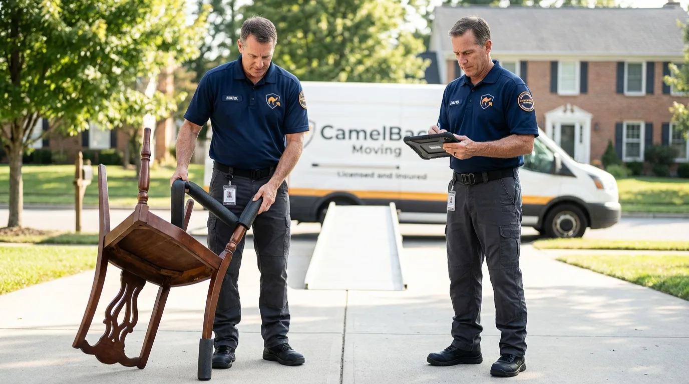 Movers inspecting furniture for damage prevention before loading in Cedar Hill, MO