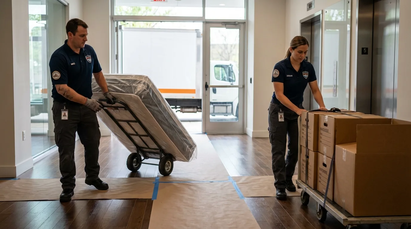 Professional apartment movers loading elevator in Cedar Hill, MO